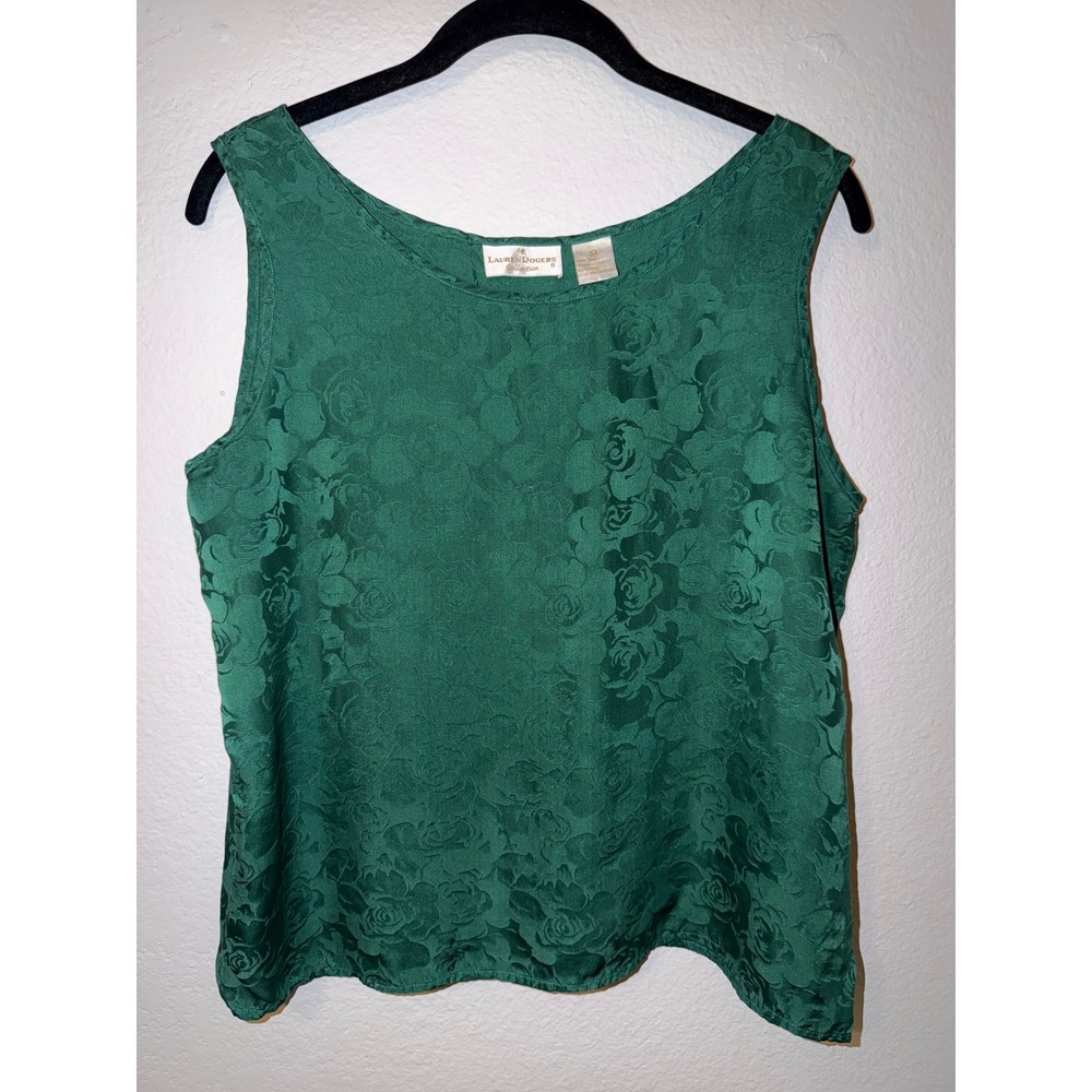 Lauren Rogers Collection Green Silk Floral Jacquard Tank Top Sleeveless Blouse M